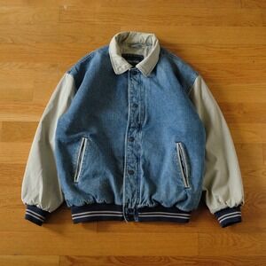 Vintage Expeditions Denim Varsity Jacket Blue Beige Men Large Quilted Bomber 90s